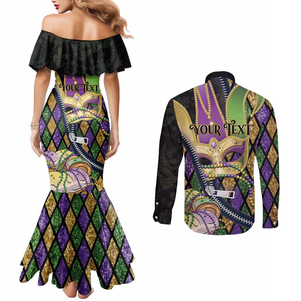 Personalized Mardi Gras Alligator Couples Matching Mermaid Dress and Long Sleeve Button Shirt Colorful Zipper Stylized