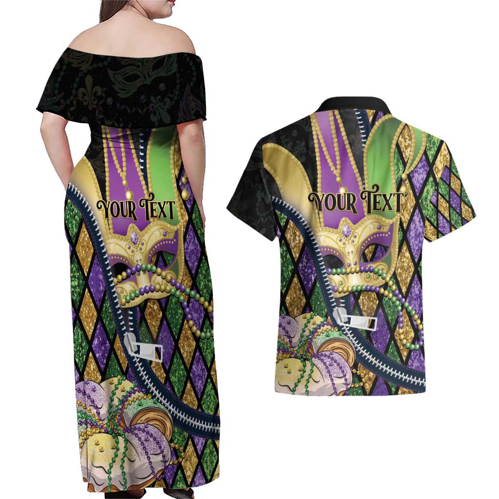 Personalized Mardi Gras Alligator Couples Matching Off Shoulder Maxi Dress and Hawaiian Shirt Colorful Zipper Stylized