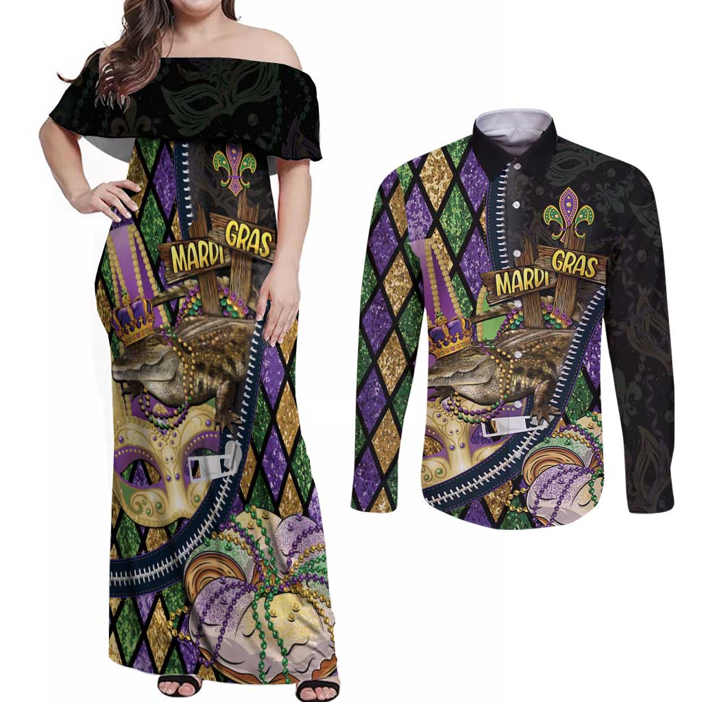 Personalized Mardi Gras Alligator Couples Matching Off Shoulder Maxi Dress and Long Sleeve Button Shirt Colorful Zipper Stylized