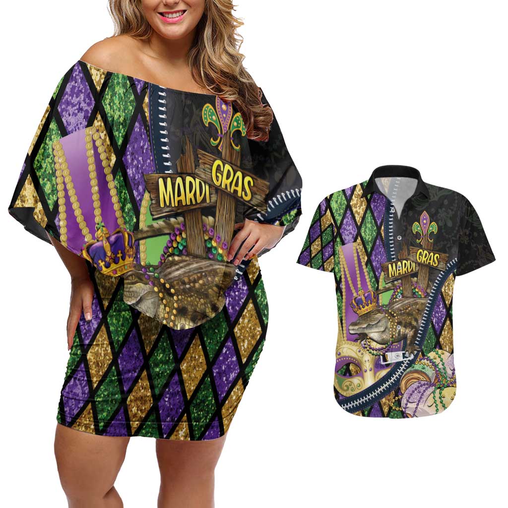 Personalized Mardi Gras Alligator Couples Matching Off Shoulder Short Dress and Hawaiian Shirt Colorful Zipper Stylized