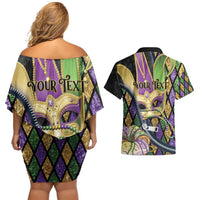 Personalized Mardi Gras Alligator Couples Matching Off Shoulder Short Dress and Hawaiian Shirt Colorful Zipper Stylized