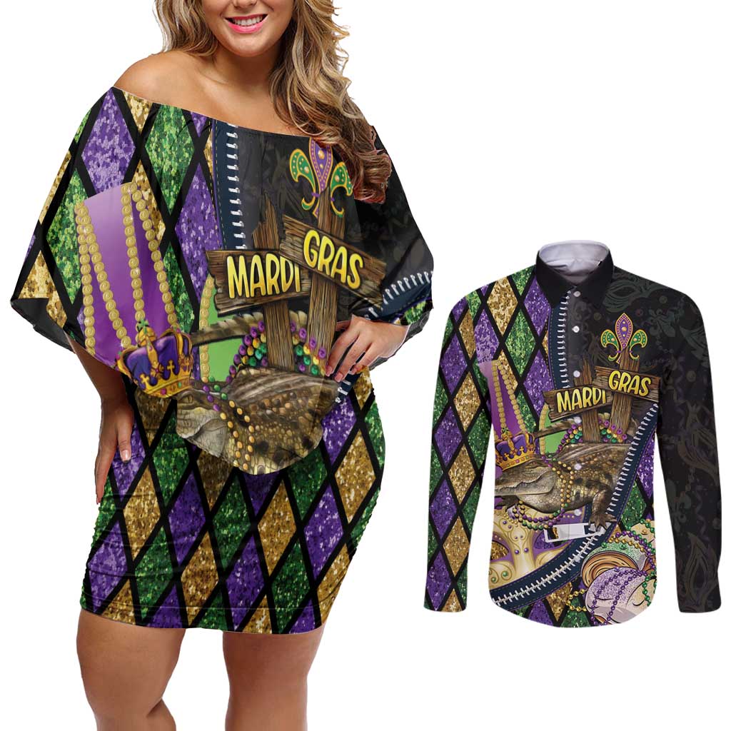 Personalized Mardi Gras Alligator Couples Matching Off Shoulder Short Dress and Long Sleeve Button Shirt Colorful Zipper Stylized