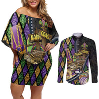 Personalized Mardi Gras Alligator Couples Matching Off Shoulder Short Dress and Long Sleeve Button Shirt Colorful Zipper Stylized