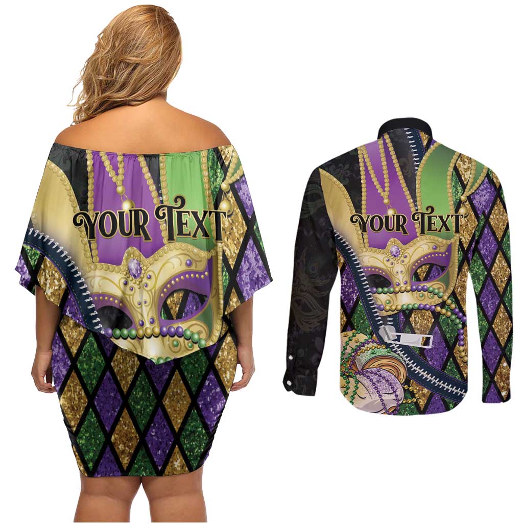 Personalized Mardi Gras Alligator Couples Matching Off Shoulder Short Dress and Long Sleeve Button Shirt Colorful Zipper Stylized