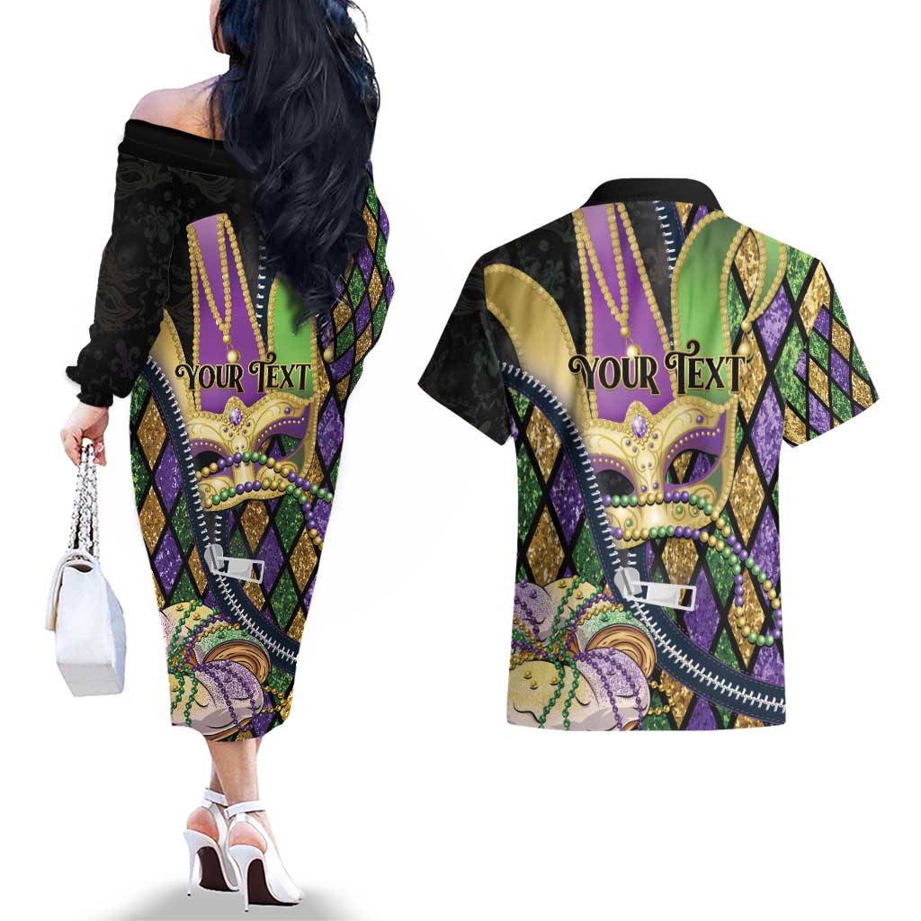 Personalized Mardi Gras Alligator Couples Matching Off The Shoulder Long Sleeve Dress and Hawaiian Shirt Colorful Zipper Stylized