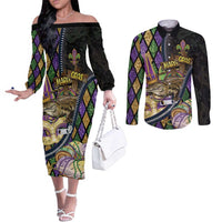 Personalized Mardi Gras Alligator Couples Matching Off The Shoulder Long Sleeve Dress and Long Sleeve Button Shirt Colorful Zipper Stylized