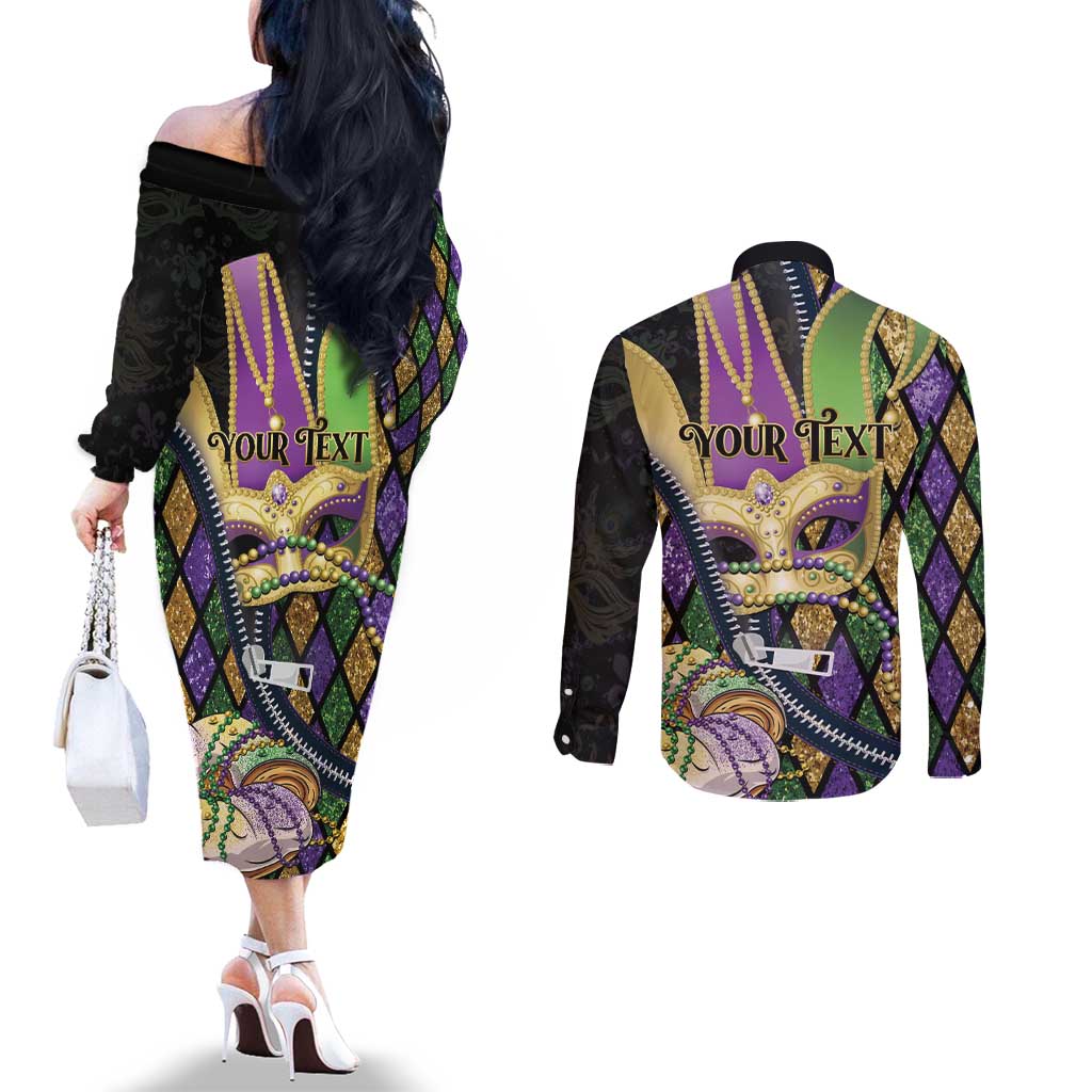 Personalized Mardi Gras Alligator Couples Matching Off The Shoulder Long Sleeve Dress and Long Sleeve Button Shirt Colorful Zipper Stylized