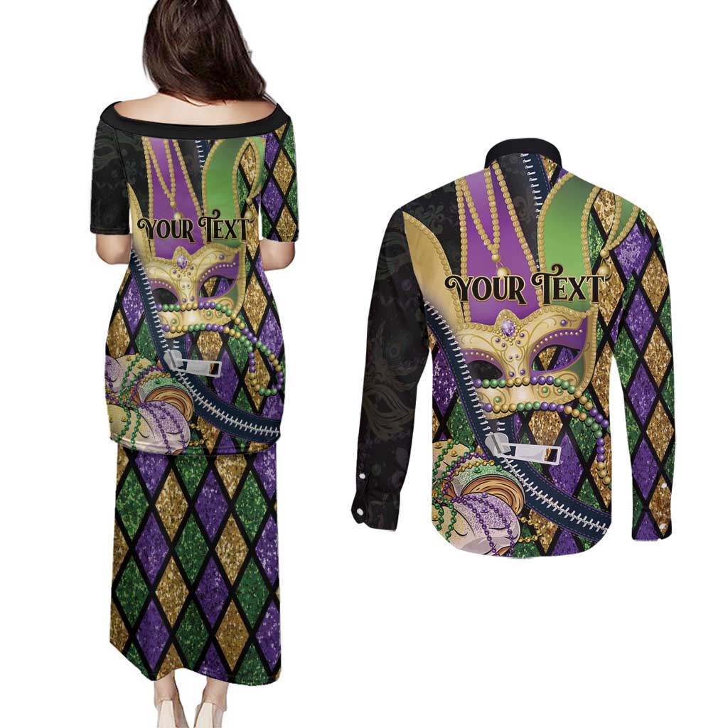 Personalized Mardi Gras Alligator Couples Matching Puletasi and Long Sleeve Button Shirt Colorful Zipper Stylized