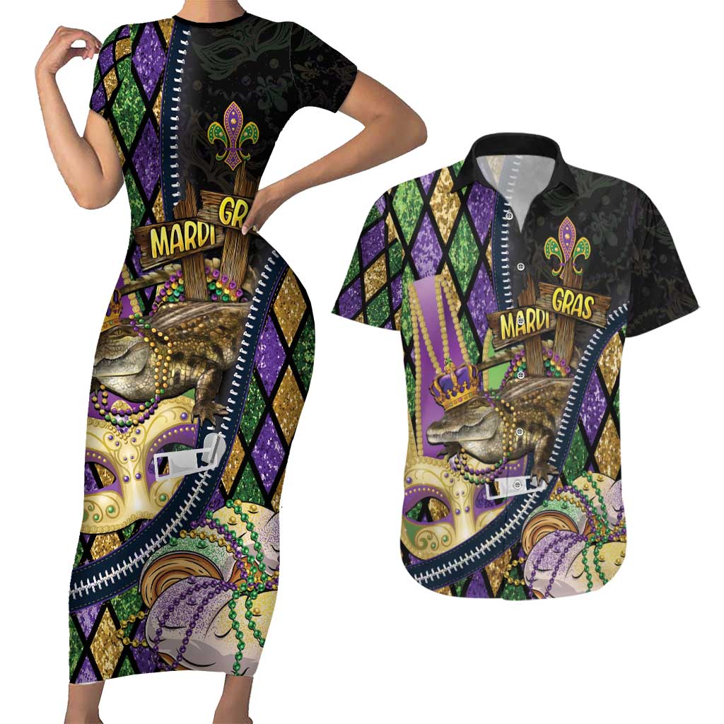 Personalized Mardi Gras Alligator Couples Matching Short Sleeve Bodycon Dress and Hawaiian Shirt Colorful Zipper Stylized
