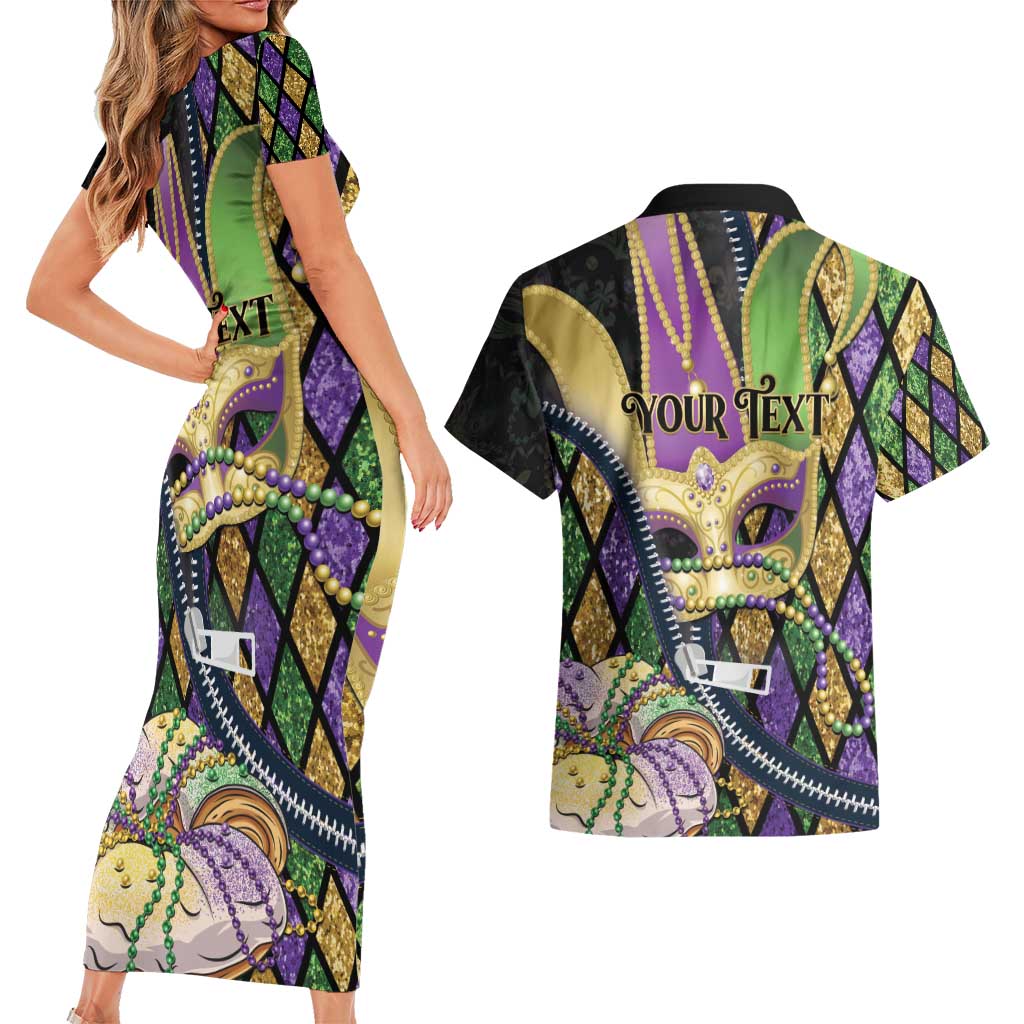 Personalized Mardi Gras Alligator Couples Matching Short Sleeve Bodycon Dress and Hawaiian Shirt Colorful Zipper Stylized