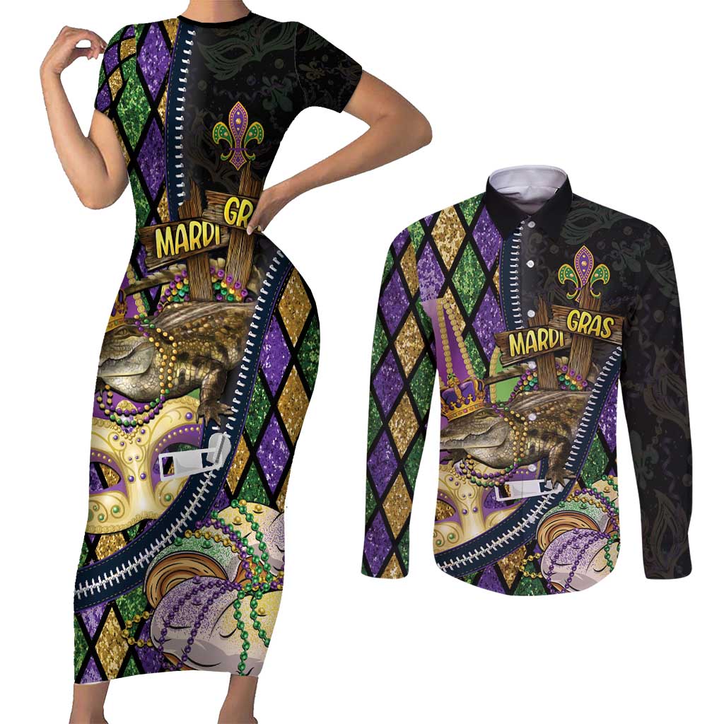 Personalized Mardi Gras Alligator Couples Matching Short Sleeve Bodycon Dress and Long Sleeve Button Shirt Colorful Zipper Stylized