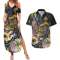 Personalized Mardi Gras Alligator Couples Matching Summer Maxi Dress and Hawaiian Shirt Colorful Zipper Stylized