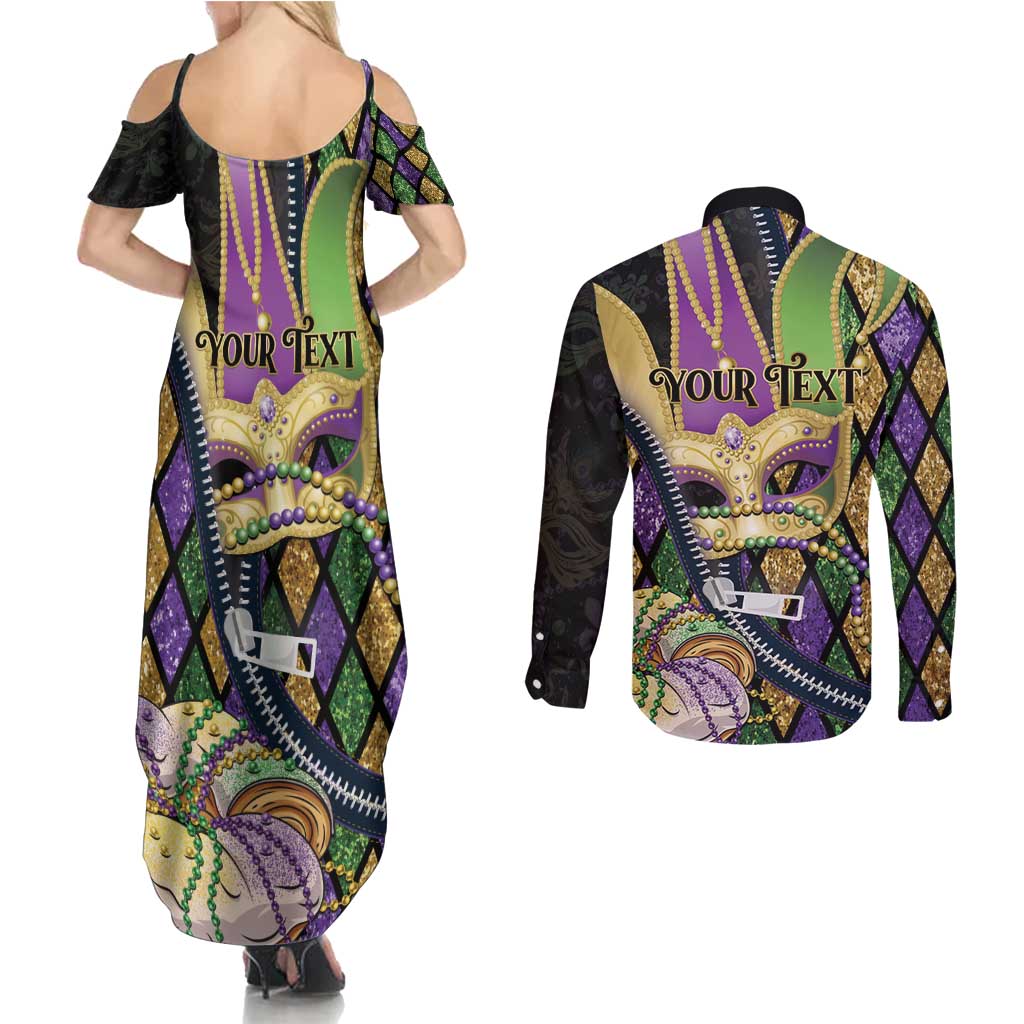 Personalized Mardi Gras Alligator Couples Matching Summer Maxi Dress and Long Sleeve Button Shirt Colorful Zipper Stylized
