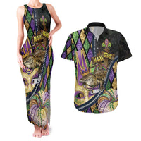 Personalized Mardi Gras Alligator Couples Matching Tank Maxi Dress and Hawaiian Shirt Colorful Zipper Stylized