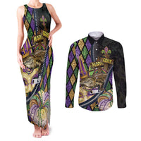 Personalized Mardi Gras Alligator Couples Matching Tank Maxi Dress and Long Sleeve Button Shirt Colorful Zipper Stylized