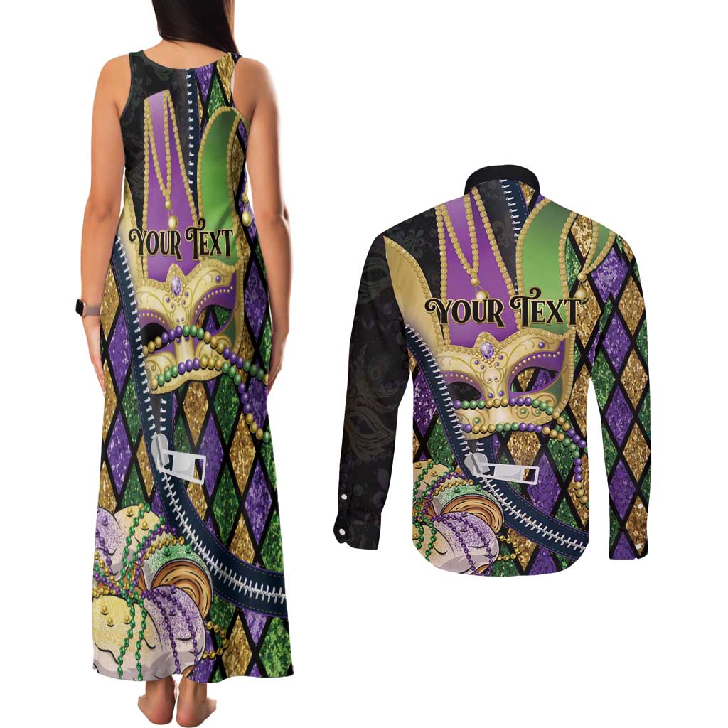 Personalized Mardi Gras Alligator Couples Matching Tank Maxi Dress and Long Sleeve Button Shirt Colorful Zipper Stylized