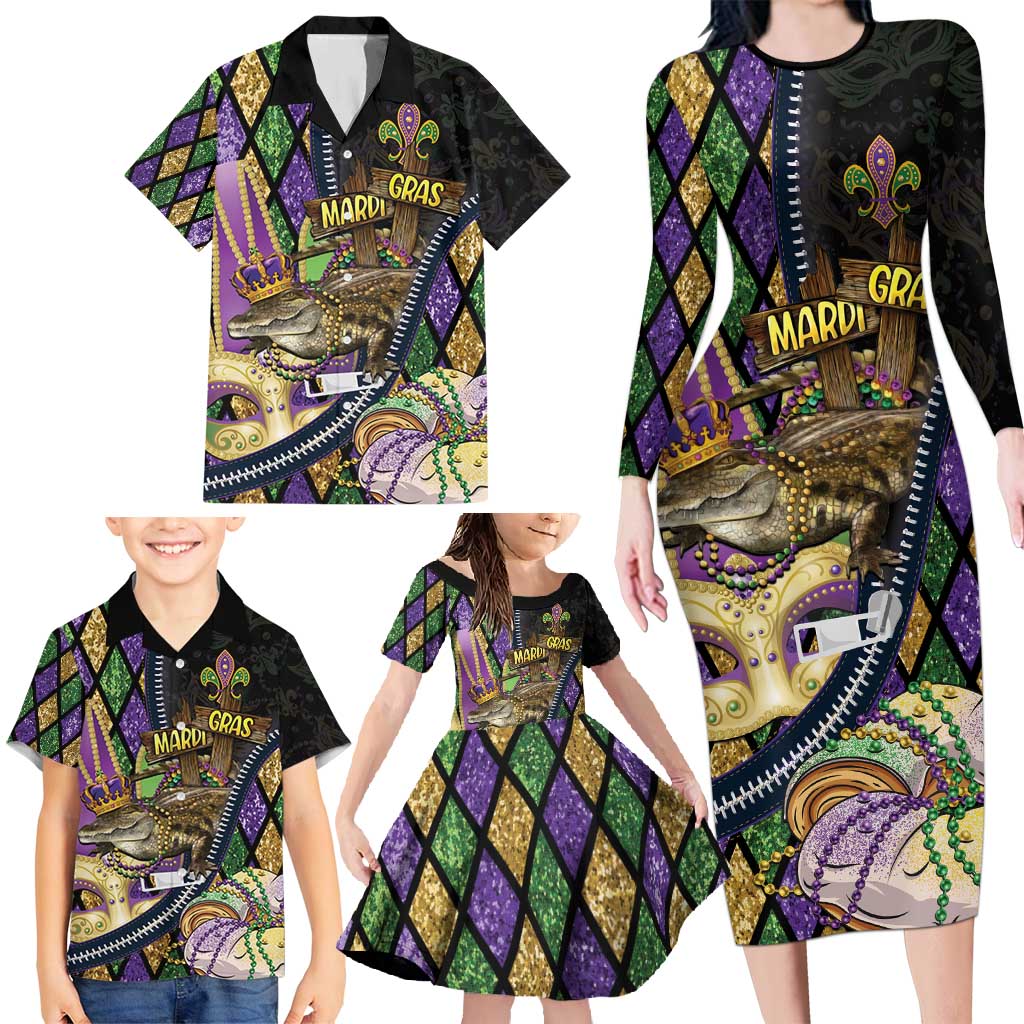 Personalized Mardi Gras Alligator Family Matching Long Sleeve Bodycon Dress and Hawaiian Shirt Colorful Zipper Stylized