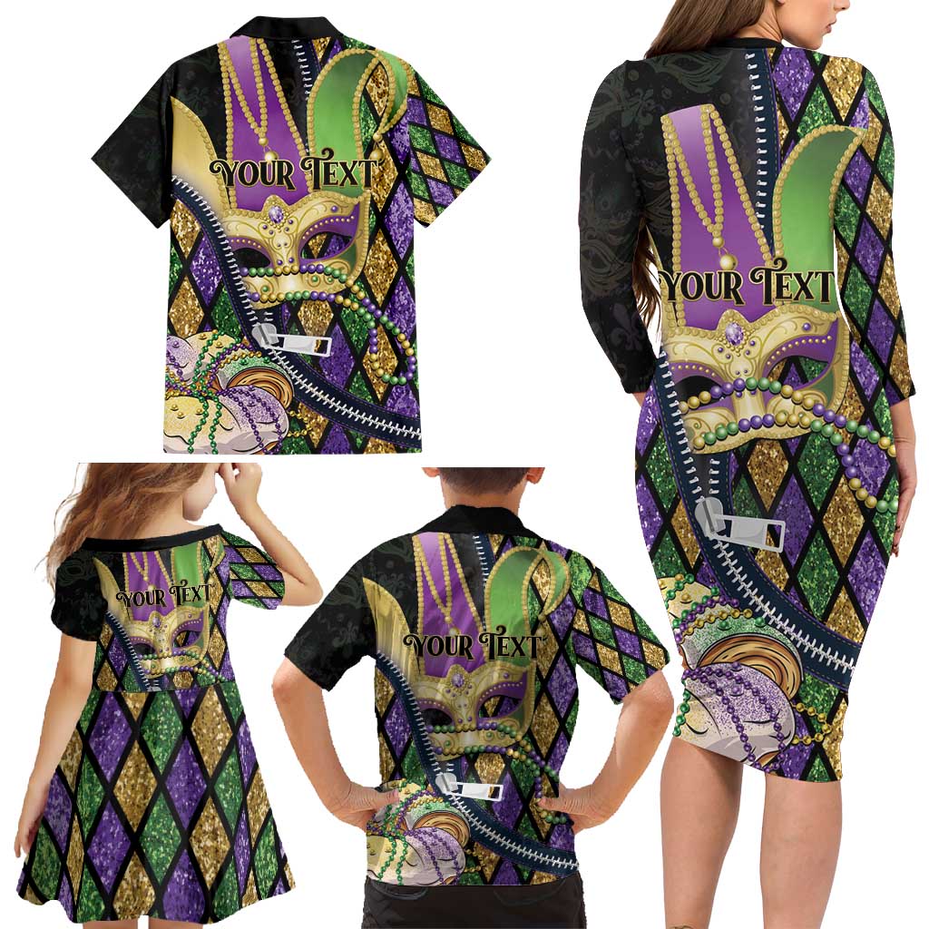 Personalized Mardi Gras Alligator Family Matching Long Sleeve Bodycon Dress and Hawaiian Shirt Colorful Zipper Stylized