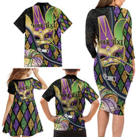 Personalized Mardi Gras Alligator Family Matching Long Sleeve Bodycon Dress and Hawaiian Shirt Colorful Zipper Stylized