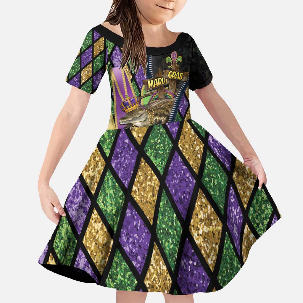 Personalized Mardi Gras Alligator Family Matching Mermaid Dress and Hawaiian Shirt Colorful Zipper Stylized