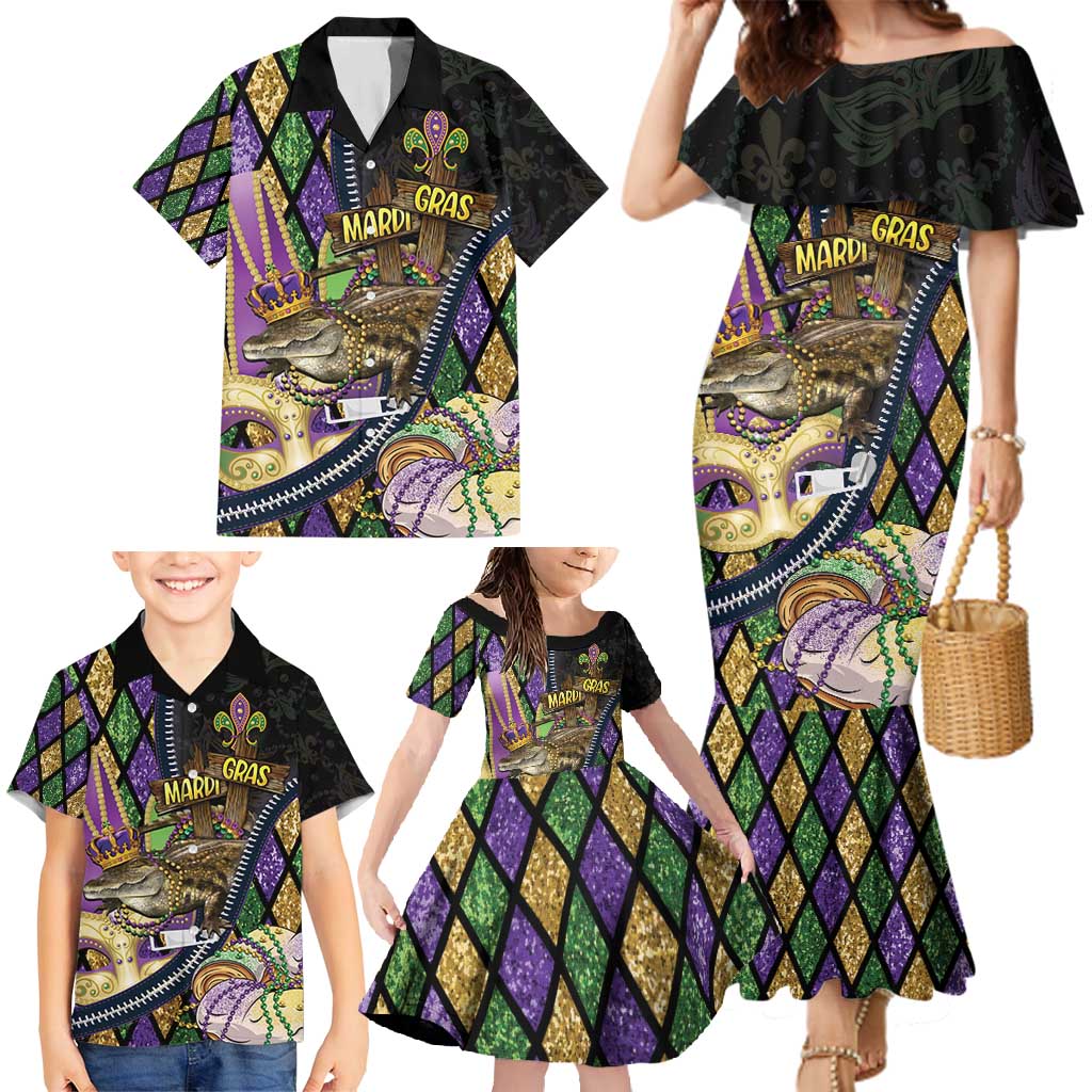 Personalized Mardi Gras Alligator Family Matching Mermaid Dress and Hawaiian Shirt Colorful Zipper Stylized