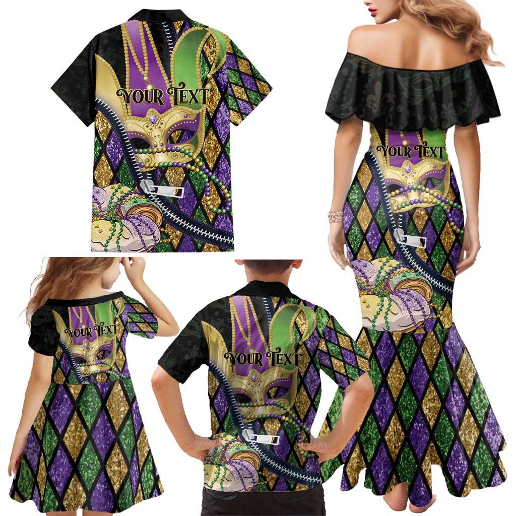 Personalized Mardi Gras Alligator Family Matching Mermaid Dress and Hawaiian Shirt Colorful Zipper Stylized