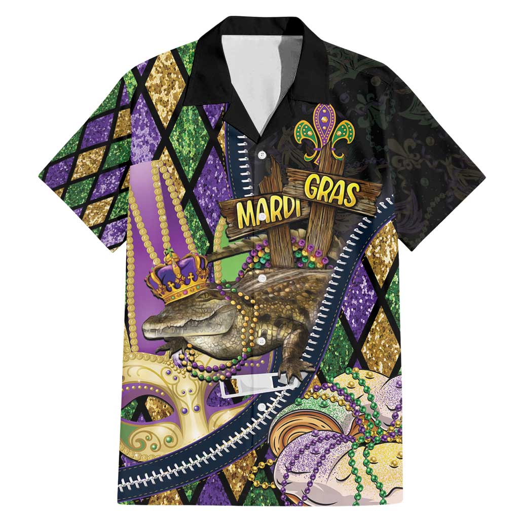 Personalized Mardi Gras Alligator Family Matching Mermaid Dress and Hawaiian Shirt Colorful Zipper Stylized