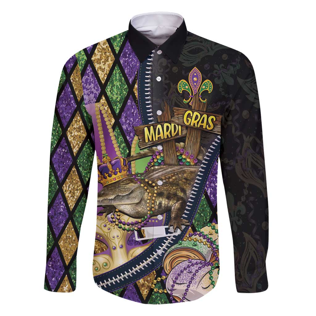 Personalized Mardi Gras Alligator Family Matching Mermaid Dress and Hawaiian Shirt Colorful Zipper Stylized