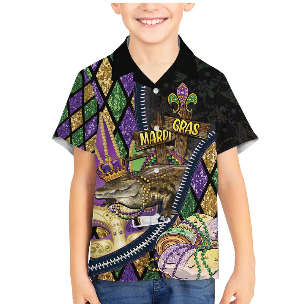 Personalized Mardi Gras Alligator Family Matching Mermaid Dress and Hawaiian Shirt Colorful Zipper Stylized