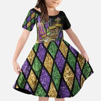 Personalized Mardi Gras Alligator Family Matching Off The Shoulder Long Sleeve Dress and Hawaiian Shirt Colorful Zipper Stylized