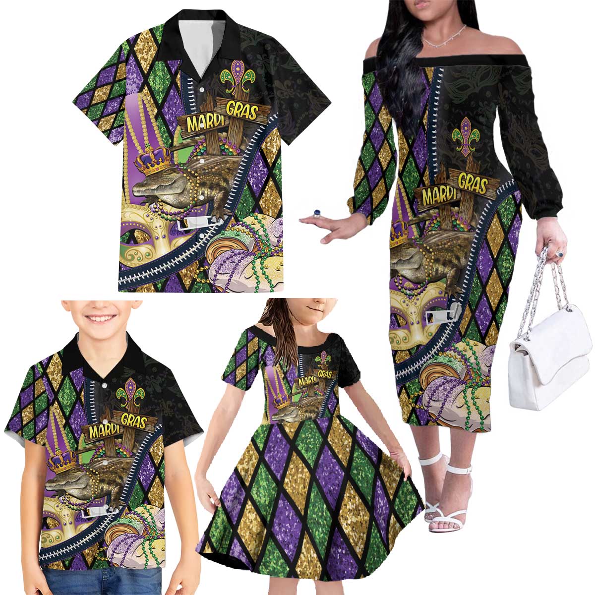 Personalized Mardi Gras Alligator Family Matching Off The Shoulder Long Sleeve Dress and Hawaiian Shirt Colorful Zipper Stylized