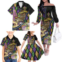 Personalized Mardi Gras Alligator Family Matching Off The Shoulder Long Sleeve Dress and Hawaiian Shirt Colorful Zipper Stylized