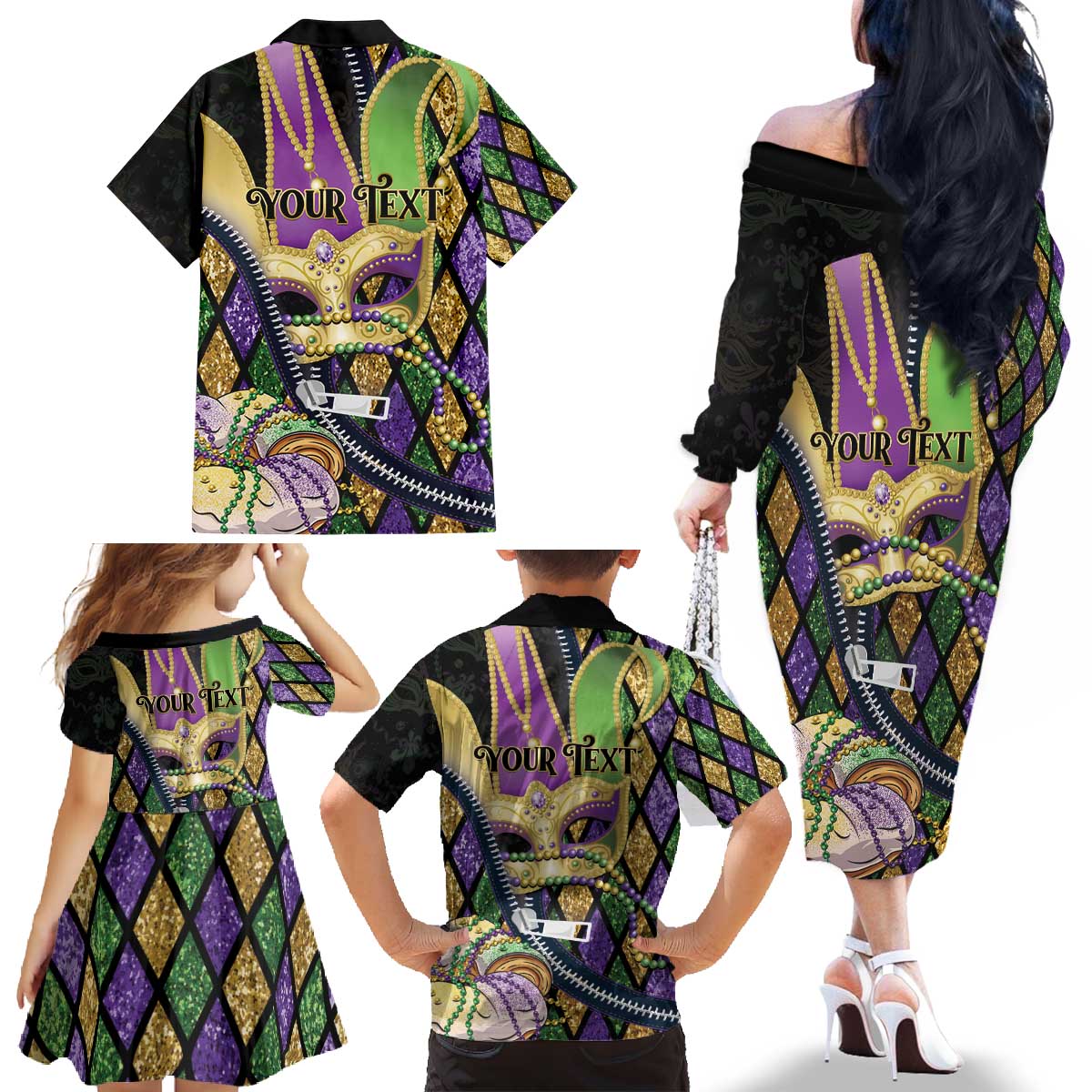 Personalized Mardi Gras Alligator Family Matching Off The Shoulder Long Sleeve Dress and Hawaiian Shirt Colorful Zipper Stylized