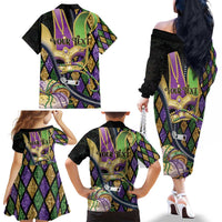 Personalized Mardi Gras Alligator Family Matching Off The Shoulder Long Sleeve Dress and Hawaiian Shirt Colorful Zipper Stylized