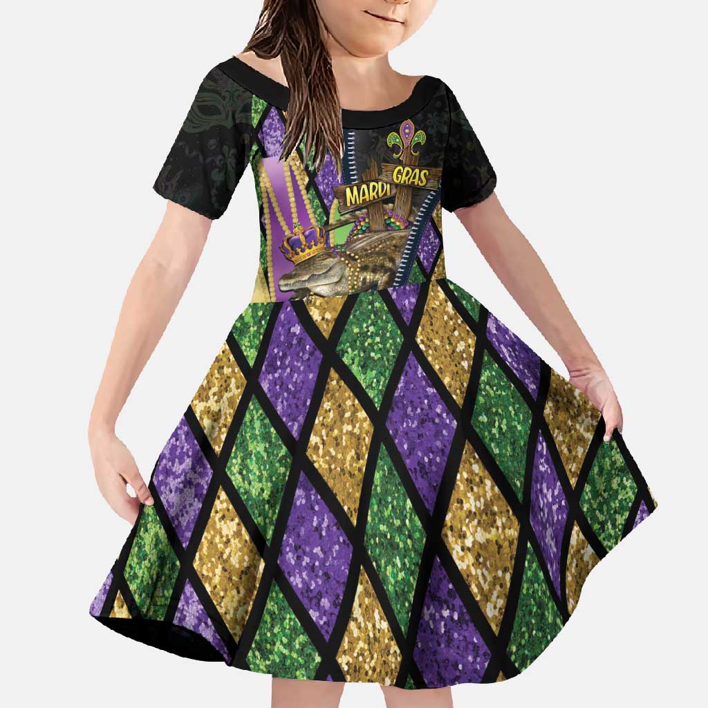Personalized Mardi Gras Alligator Family Matching Off Shoulder Maxi Dress and Hawaiian Shirt Colorful Zipper Stylized