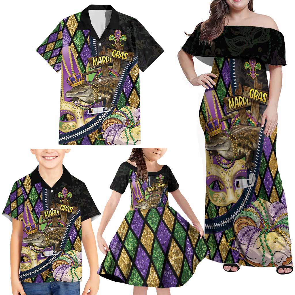 Personalized Mardi Gras Alligator Family Matching Off Shoulder Maxi Dress and Hawaiian Shirt Colorful Zipper Stylized