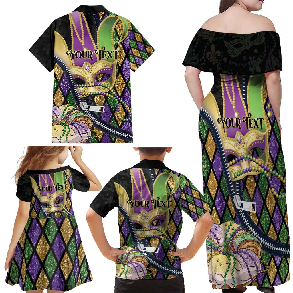 Personalized Mardi Gras Alligator Family Matching Off Shoulder Maxi Dress and Hawaiian Shirt Colorful Zipper Stylized