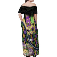 Personalized Mardi Gras Alligator Family Matching Off Shoulder Maxi Dress and Hawaiian Shirt Colorful Zipper Stylized