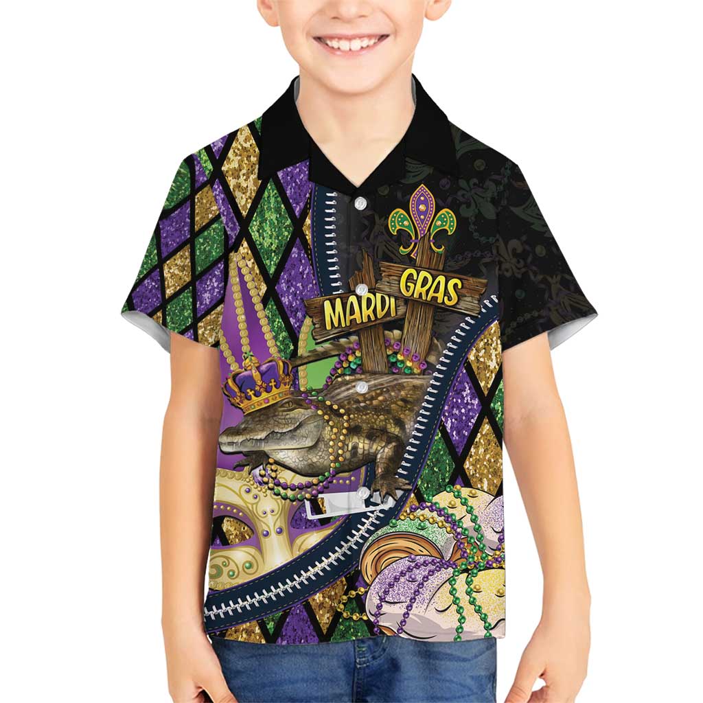 Personalized Mardi Gras Alligator Family Matching Off Shoulder Maxi Dress and Hawaiian Shirt Colorful Zipper Stylized