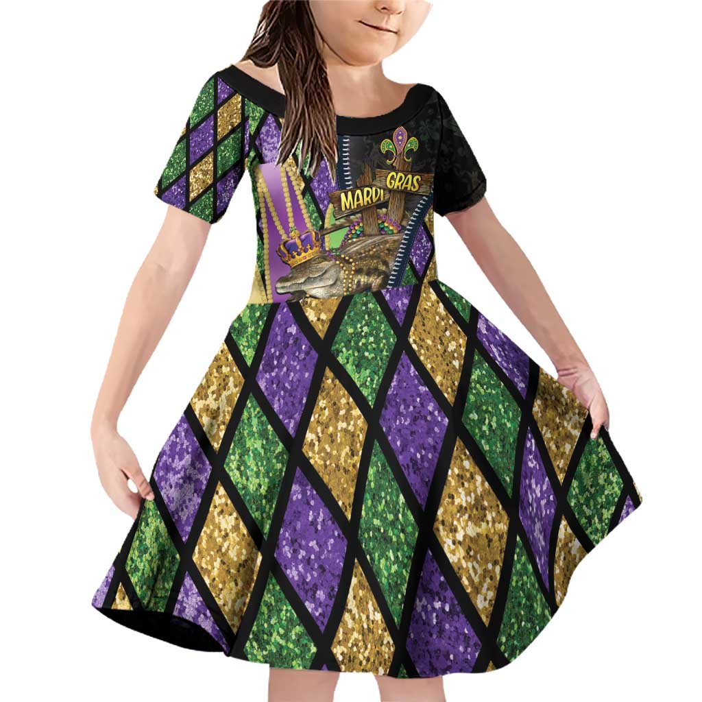 Personalized Mardi Gras Alligator Family Matching Off Shoulder Short Dress and Hawaiian Shirt Colorful Zipper Stylized