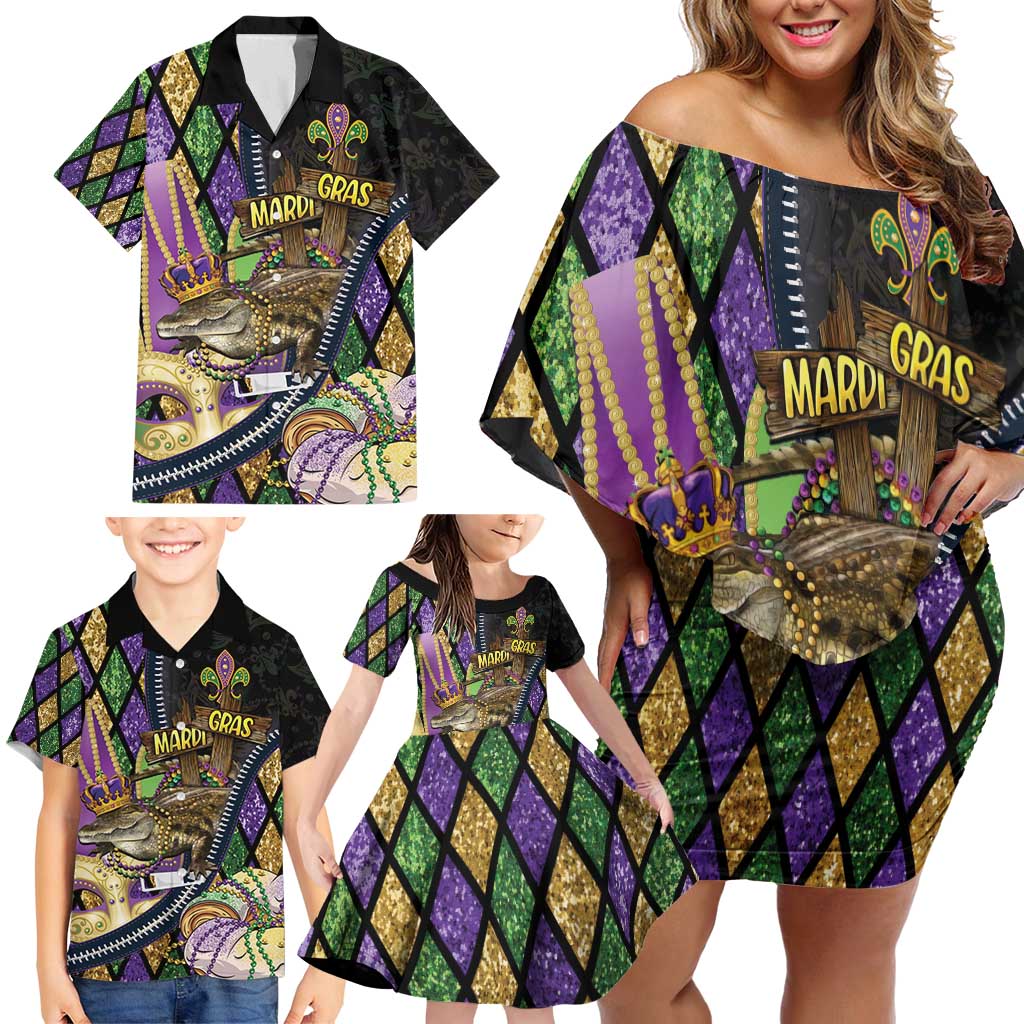 Personalized Mardi Gras Alligator Family Matching Off Shoulder Short Dress and Hawaiian Shirt Colorful Zipper Stylized