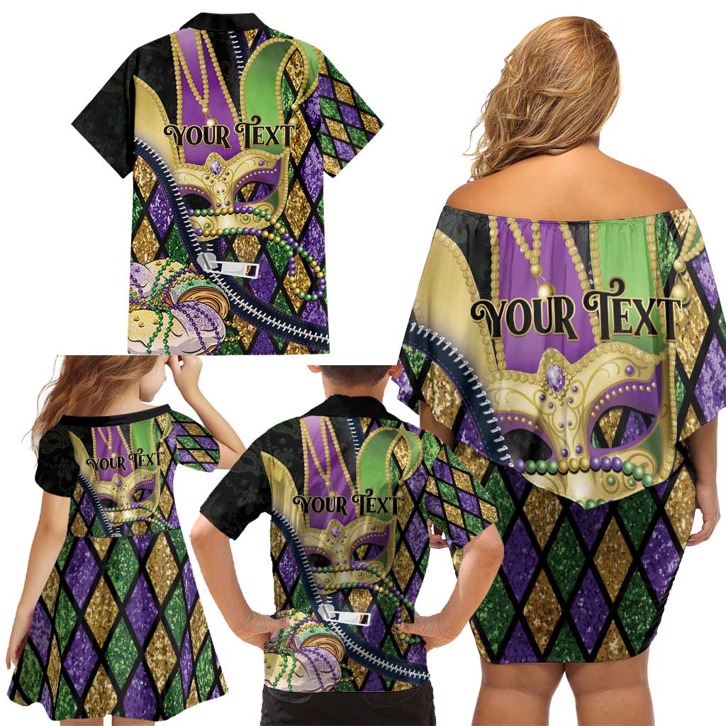 Personalized Mardi Gras Alligator Family Matching Off Shoulder Short Dress and Hawaiian Shirt Colorful Zipper Stylized