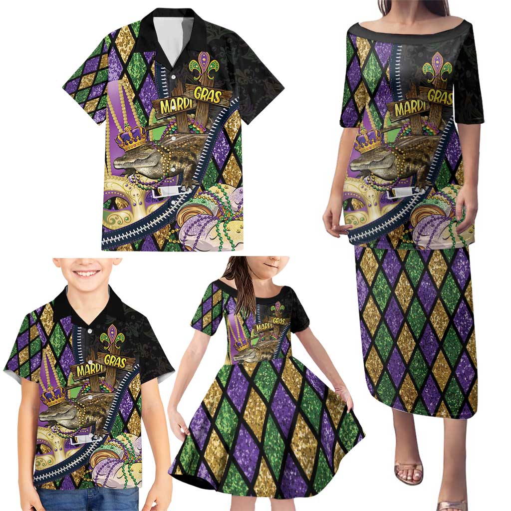 Personalized Mardi Gras Alligator Family Matching Puletasi and Hawaiian Shirt Colorful Zipper Stylized