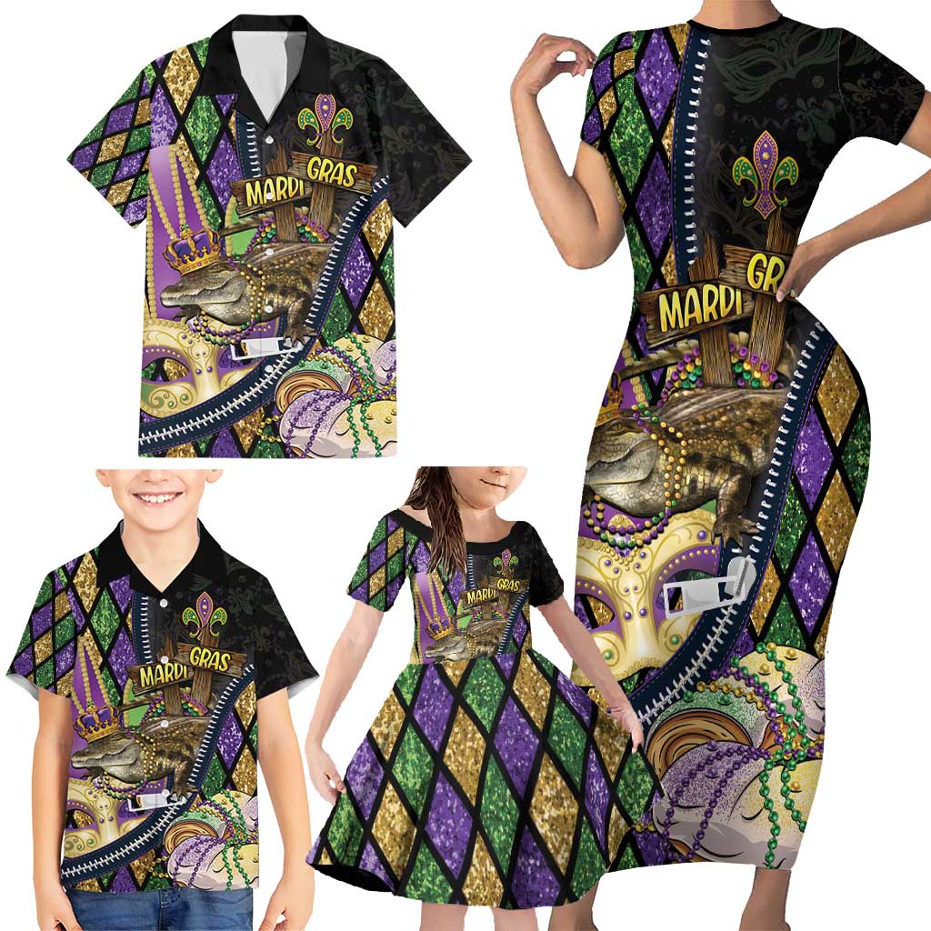 Personalized Mardi Gras Alligator Family Matching Short Sleeve Bodycon Dress and Hawaiian Shirt Colorful Zipper Stylized