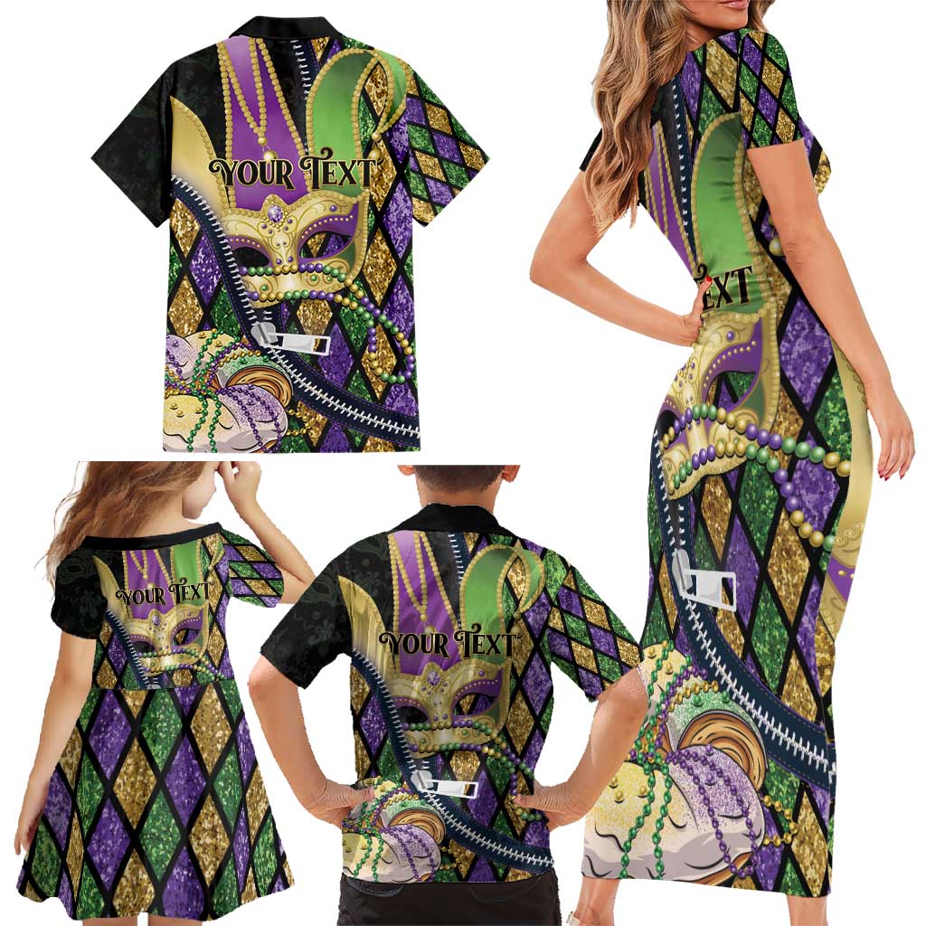 Personalized Mardi Gras Alligator Family Matching Short Sleeve Bodycon Dress and Hawaiian Shirt Colorful Zipper Stylized