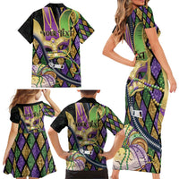 Personalized Mardi Gras Alligator Family Matching Short Sleeve Bodycon Dress and Hawaiian Shirt Colorful Zipper Stylized