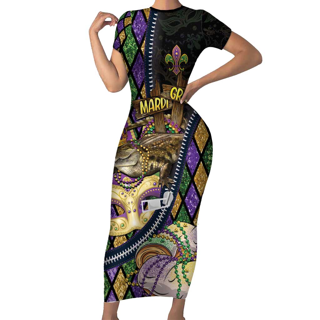 Personalized Mardi Gras Alligator Family Matching Short Sleeve Bodycon Dress and Hawaiian Shirt Colorful Zipper Stylized