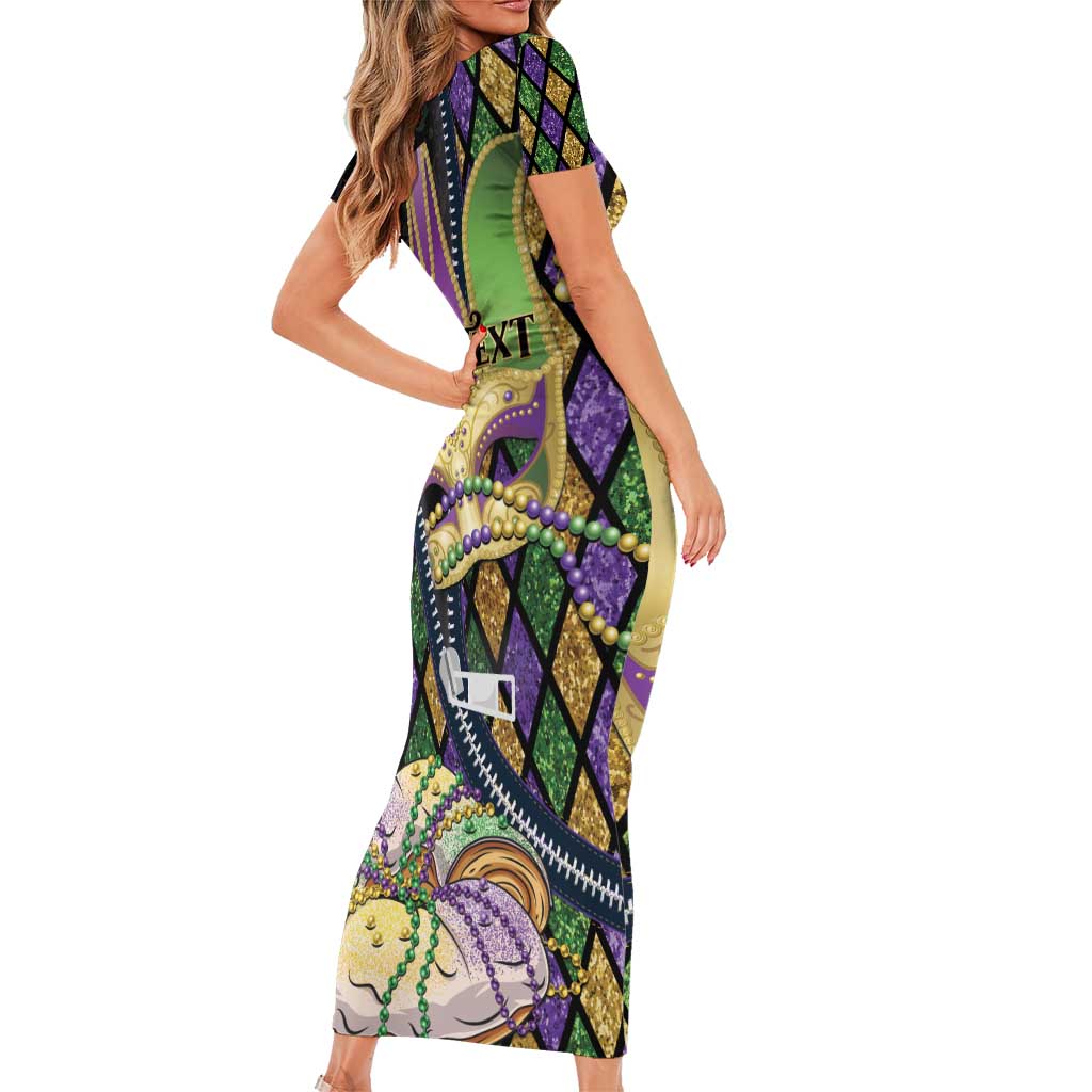 Personalized Mardi Gras Alligator Family Matching Short Sleeve Bodycon Dress and Hawaiian Shirt Colorful Zipper Stylized