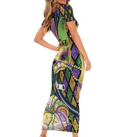 Personalized Mardi Gras Alligator Family Matching Short Sleeve Bodycon Dress and Hawaiian Shirt Colorful Zipper Stylized