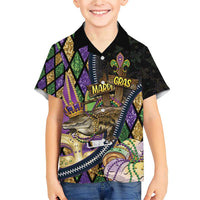 Personalized Mardi Gras Alligator Family Matching Short Sleeve Bodycon Dress and Hawaiian Shirt Colorful Zipper Stylized